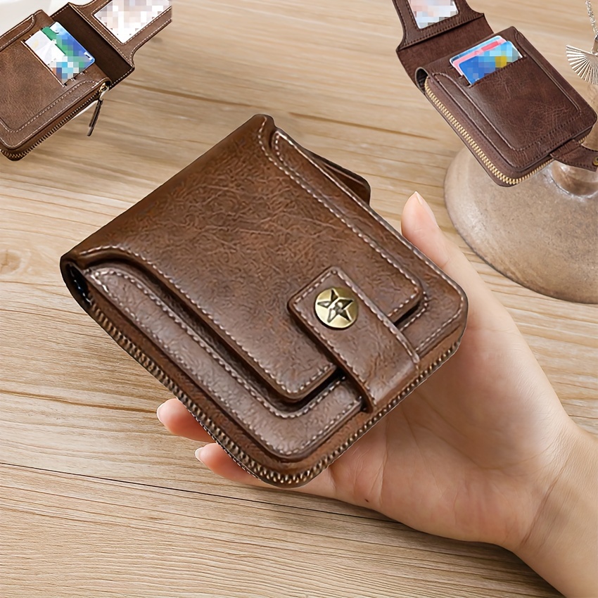 1pc Men's Vintage Short Genuine Leather Wallet Multi Function Purse RFID  Blocking Zipper ID Credit Card Holder Money Bag