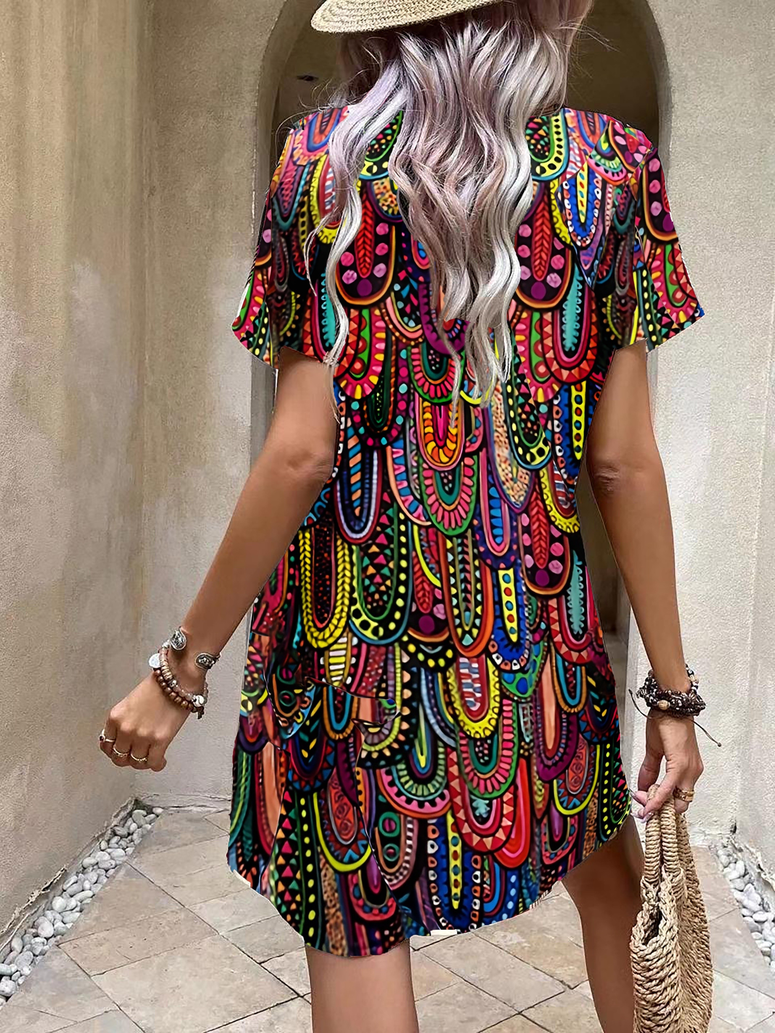 Short Sleeve Geometric Print Boho Dress - ChicBohoStyle – Chic Boho Style