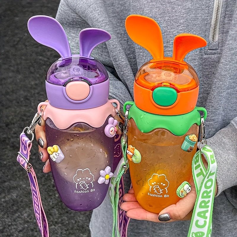 Cute Little Rabbit Cute Thermos Cup Handle Strap Portable Insulation Straw  Cup Stainless Steel Milk Bottle Baby Drinking Cup