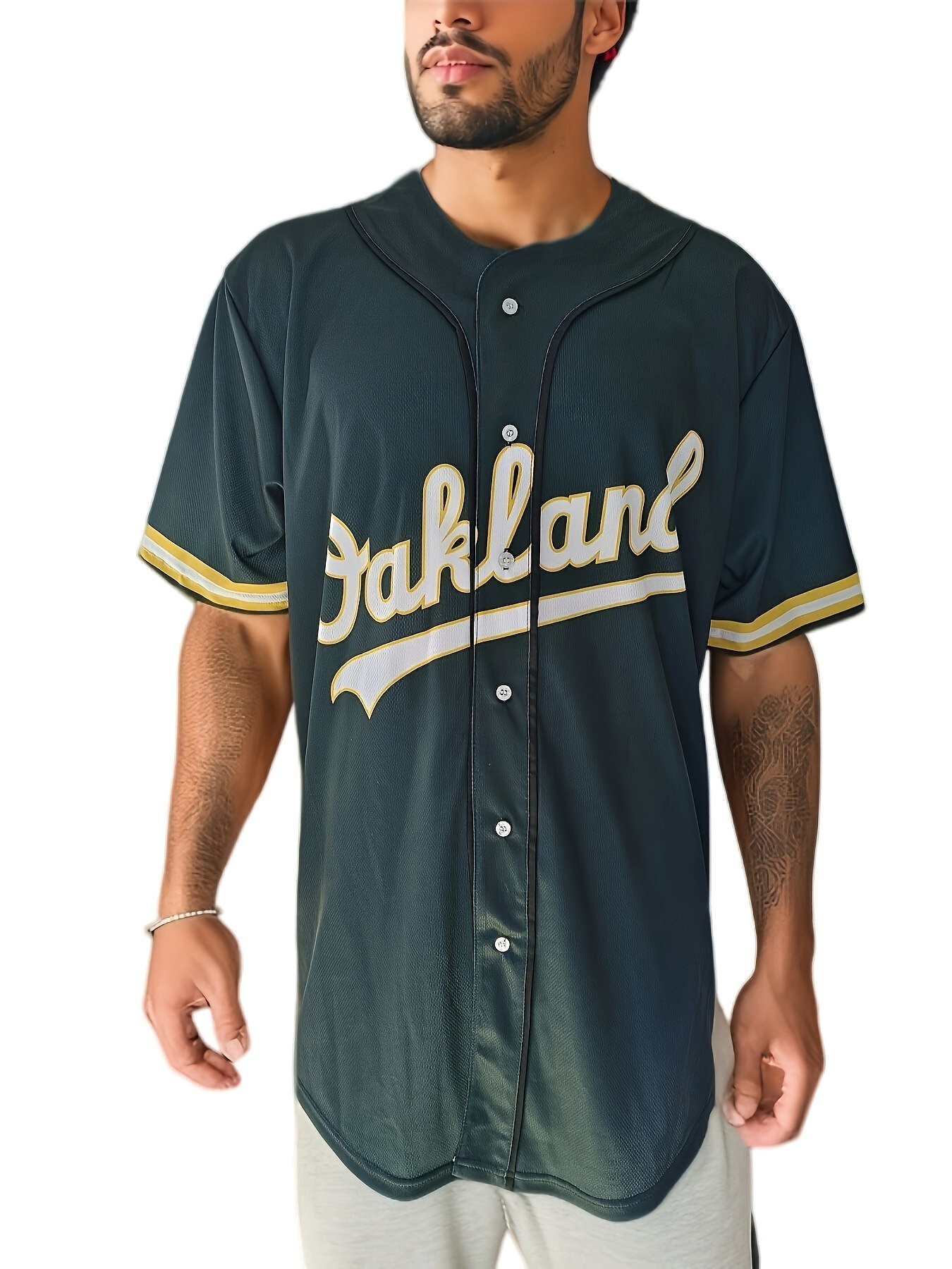 Camiseta de béisbol n.° 1 para hombre, informal, manga corta, con botones,  bordado, clásicos, saludo, uniformes deportivos verde oliva