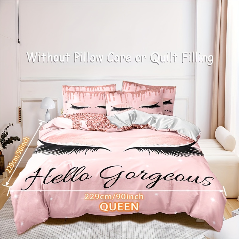TEMU 3pcs Soft And Comfortable Pink Eyelashes Print Duvet Cover Set For Bedroom And - Includes 1 Duvet Cover And 2 Pillowcases (core Not Included)