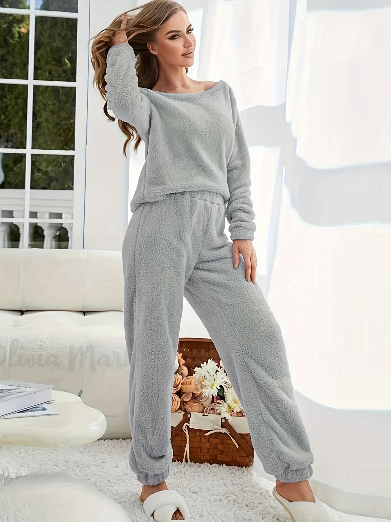 Solid Fuzzy Pajama Set Long Sleeve Crew Neck Top Elastic - Temu
