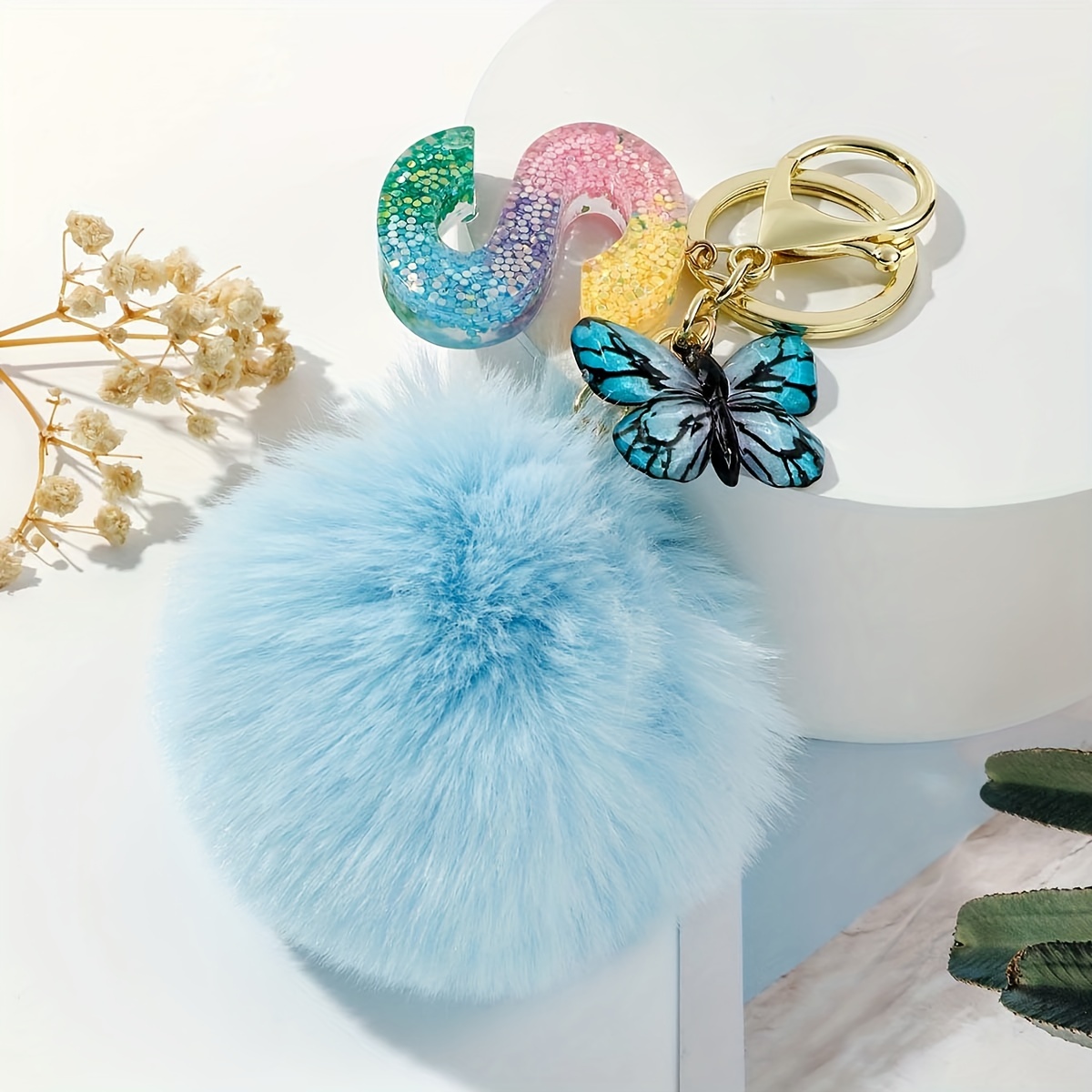 Alphabet Initial Letter F Pom Pom Keychain Cute Plush Key Chain Ring Purse  Bag Backpack Charm Earbud Case Cover Accessories Women Girls Gift