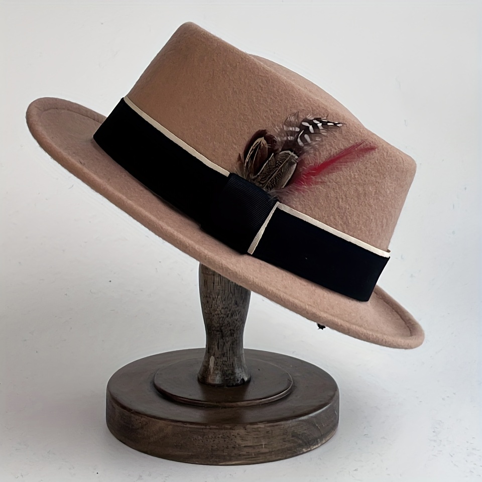 Khaki Street Handmade Hat Beanie, Men's 1pc All Top Jazz Flat Brim Large Wool Hat Retro Riding Hat for Men,Temu