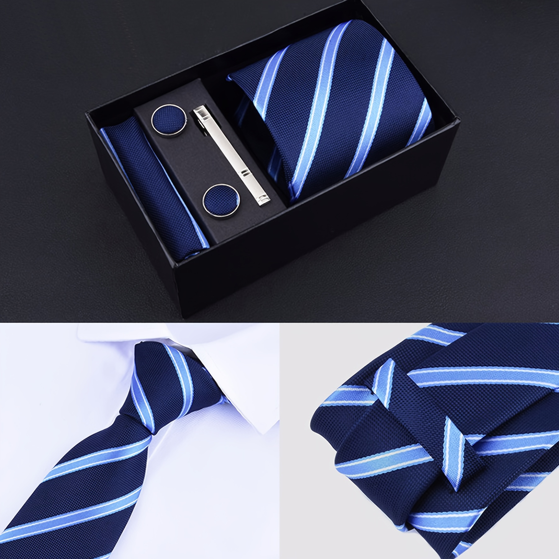 1 Set of Tie, Pocket Squares Handkerchief, Cufflinks and Tie Clip, Ties Set for Men, Wedding Suit Accessories, Holiday Gift Box,Temu