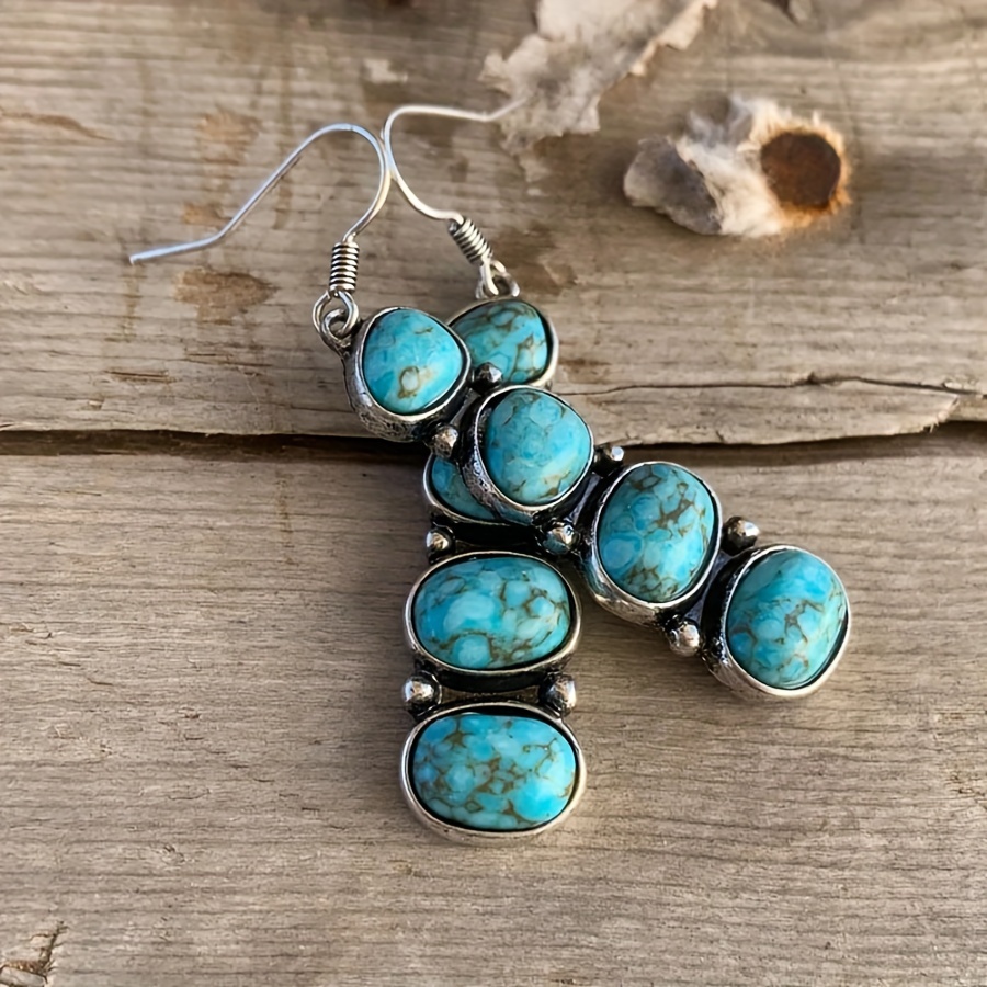 Vintage Boho Style Silver Plated Turquoise Drop Earrings