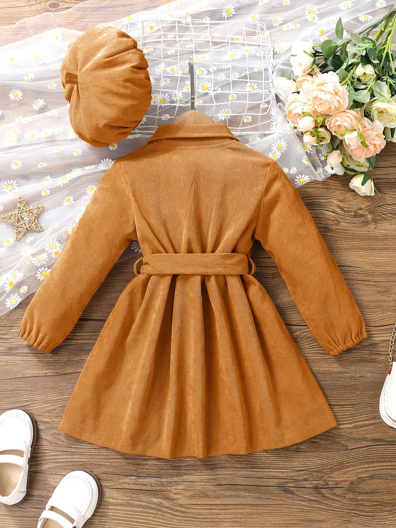 girls casual dress corduroy button front collar neck dresses with belt and hat set trendy kids autumn outfit details 49