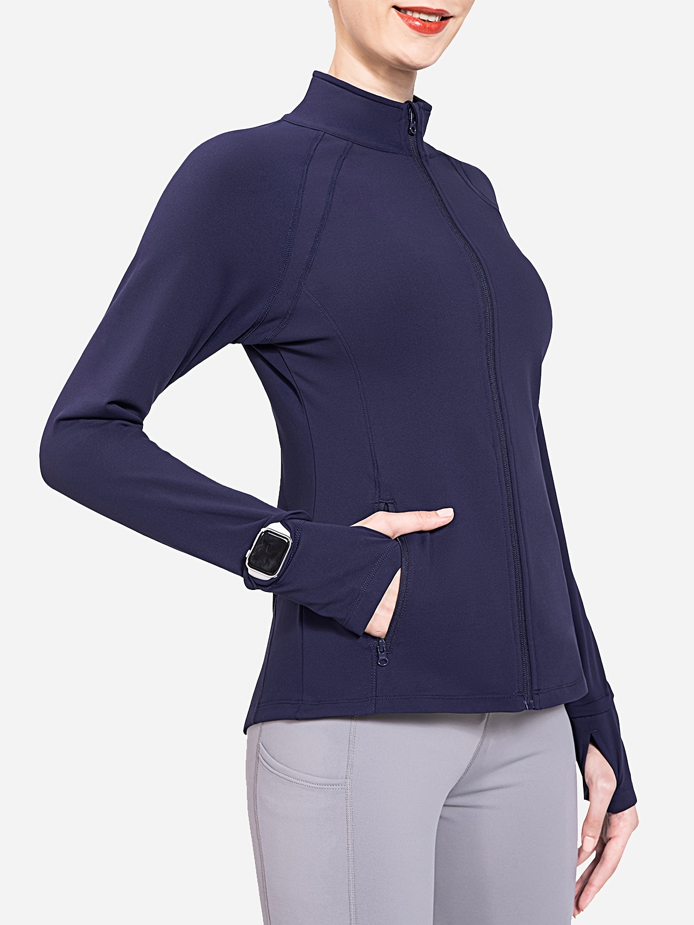 Womens Solid Color Full Zip Front Cycling Jacket Long Sleeve Thumb