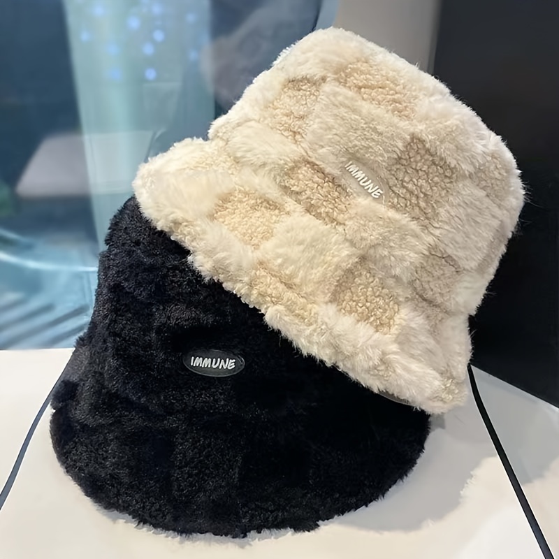 1pc Fluffy Fur Letter Women Bucket Hat Solid Flat Top Hats Outdoor