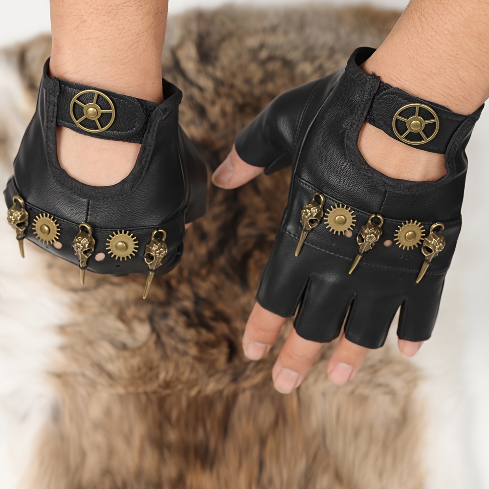 Temu Exquisite Cool Steampunk PU Leather Gloves, Bronze Gear & Raven Alloy Decors Cosplay Black Gloves, Halloween Christmas Costume Props, Bar Club Rave
