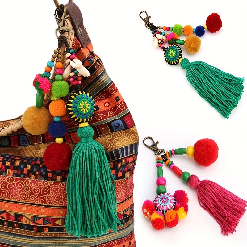 Women Colorful Boho Pom Pom Tassel Bag Charm Key Chain Fashion Jewelry