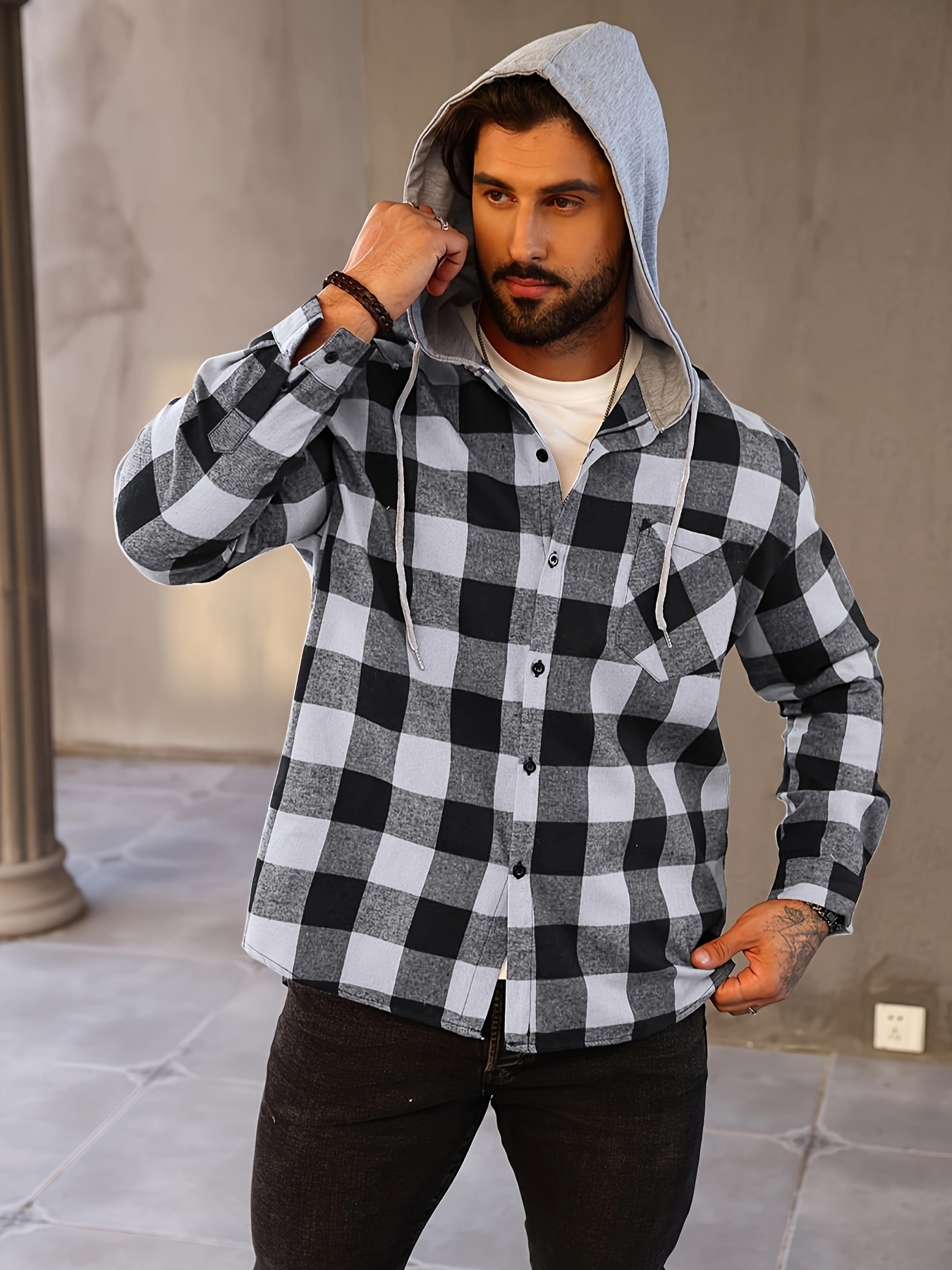 Plus Size Men's Plaid Hooded Jacket Spring Fall Men's - Temu United Kingdom