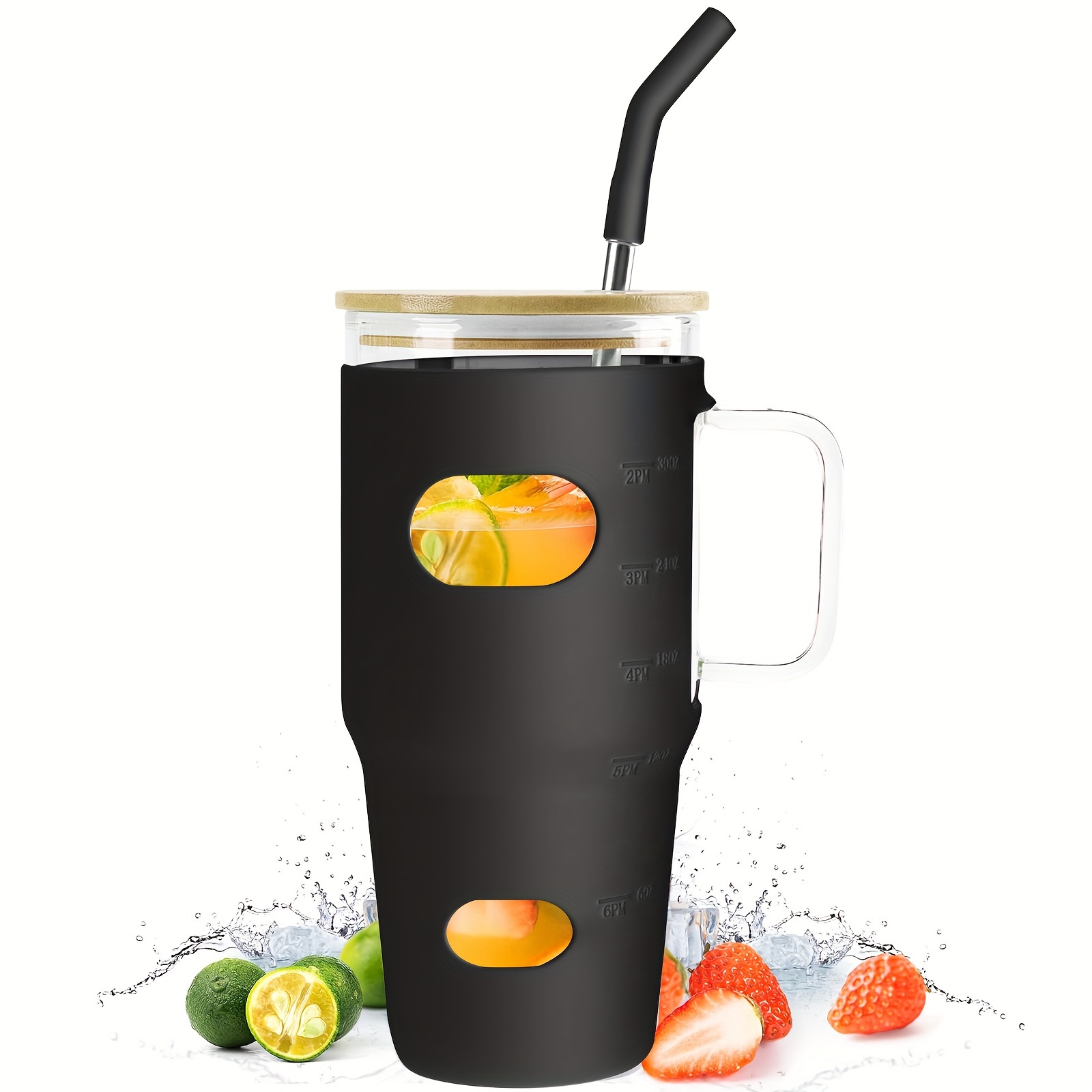 1pc Black Tumbler With Sleeve, Glass Straw Cup, For Home, Office