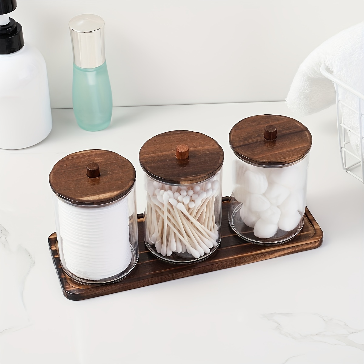 3pcs Cotton Swab Holder Dispenser With 1pc Tray, Retro 10 Oz Bathroom  Organizers And Storage Containers, Clear Plastic Apothecary Jars With Wood  Lids