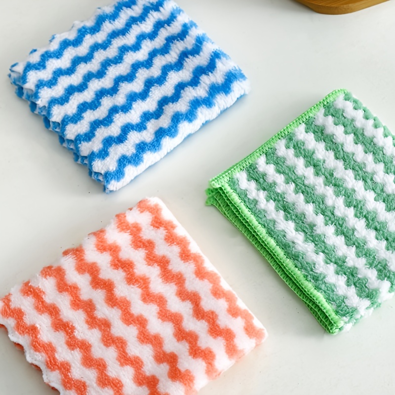 5pcs/10pcs, Coral Fleece Wavy Dishcloth, Kitchen Absorbent Dishcloth, Cleaning  Cloth, Cationic Thickened Dishcloth, Scouring Pad 