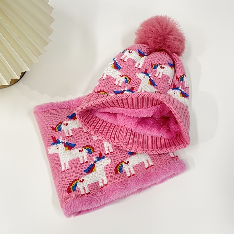 2pcs Baby Cartoon Unicorn Knit Scarf Hat Set Pom Pom Beanie Plush