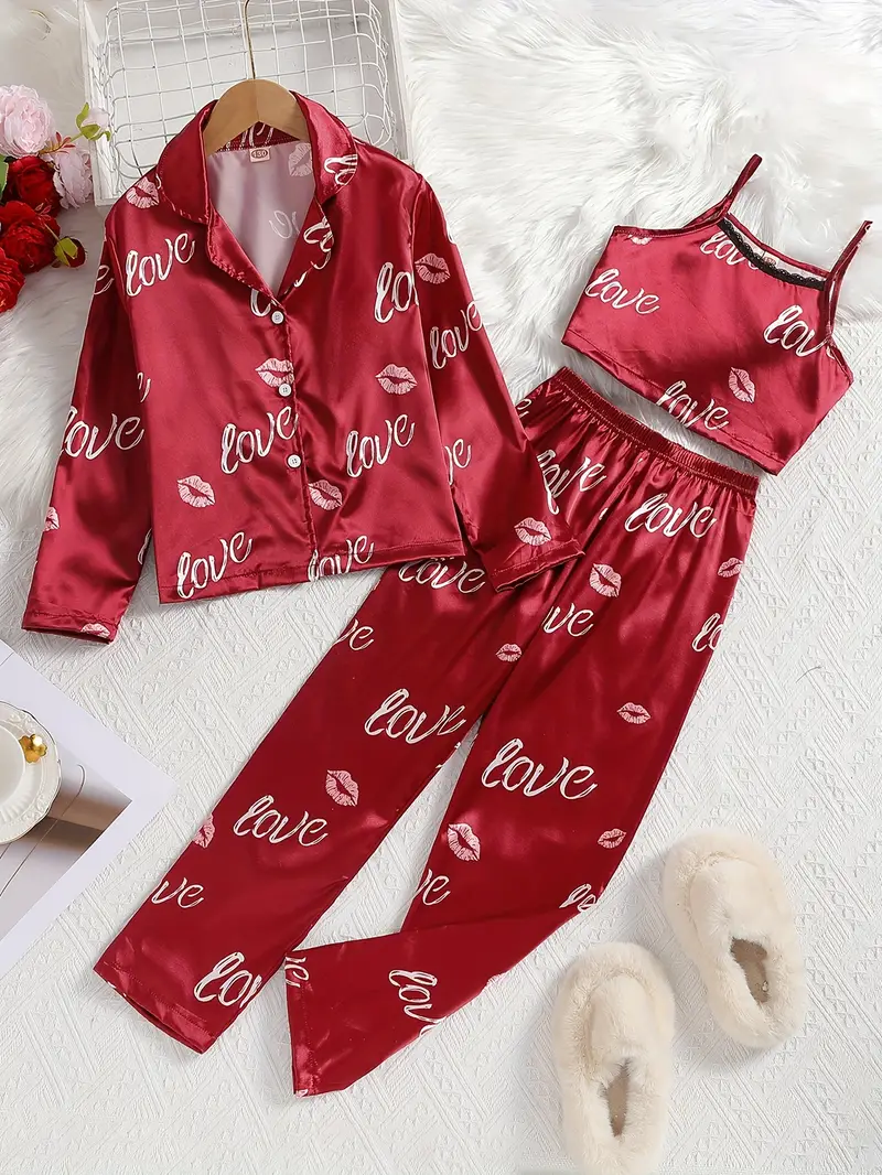 Kid's Pajamas Long Sleeve Top Camisole Pants Set Love Heart - Temu