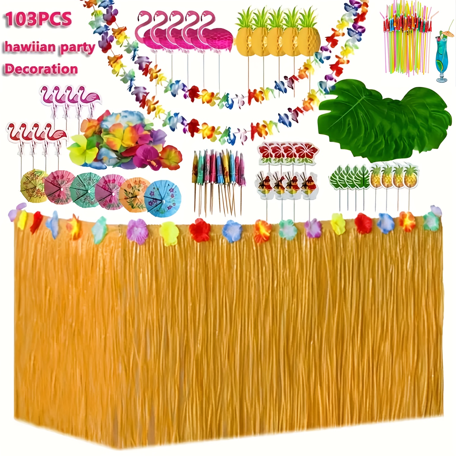 103pcs, Hawaiian Beach Party Supplies Set - Tropical Beach Decorations,  Table Skirt, Straw, Flamingo, Pineapple - Perfect for Summer Theme Parties