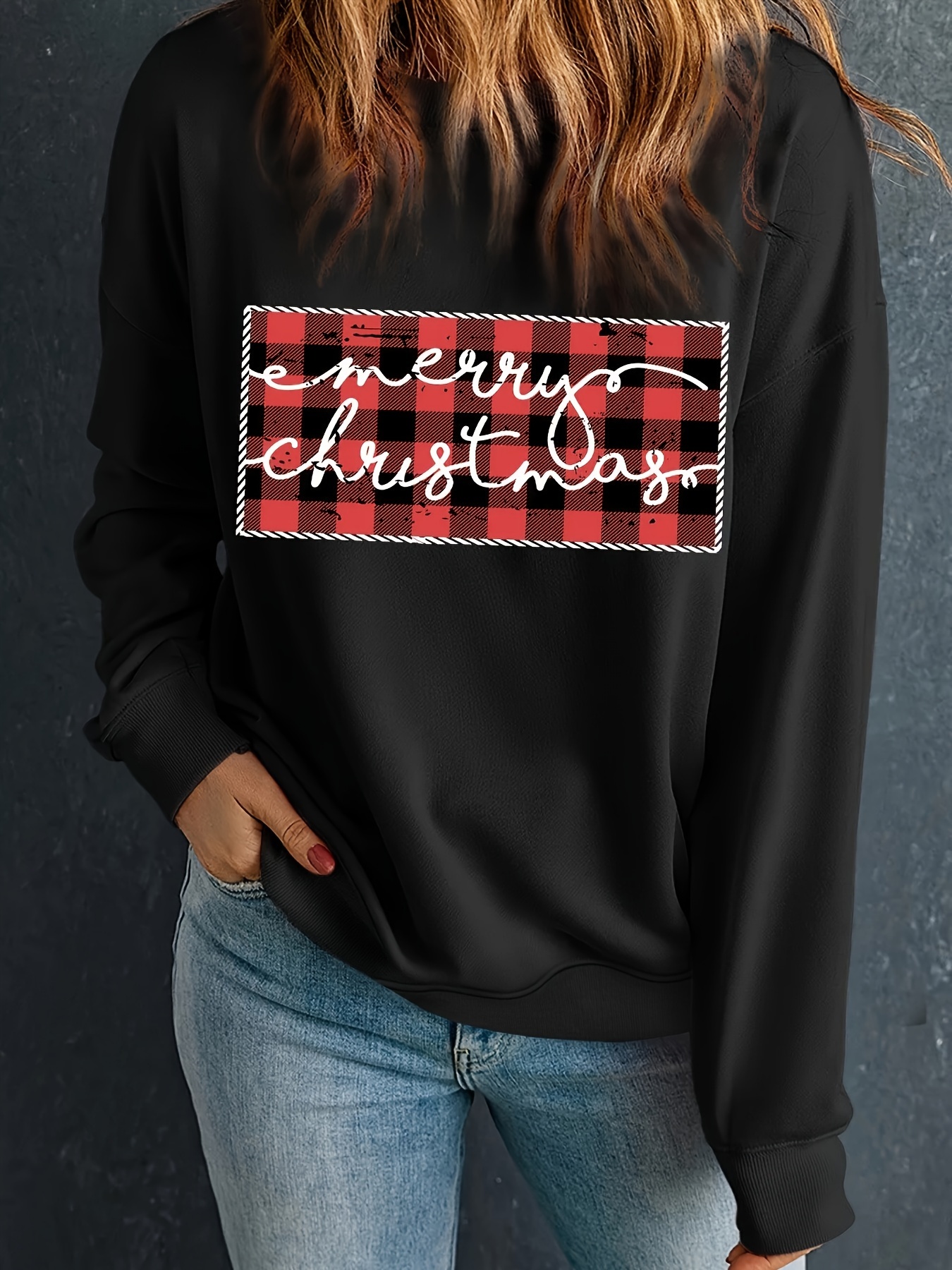merry christmas print sweatshirt casual long sleeve crew neck sweatshirt womens clothing details 7