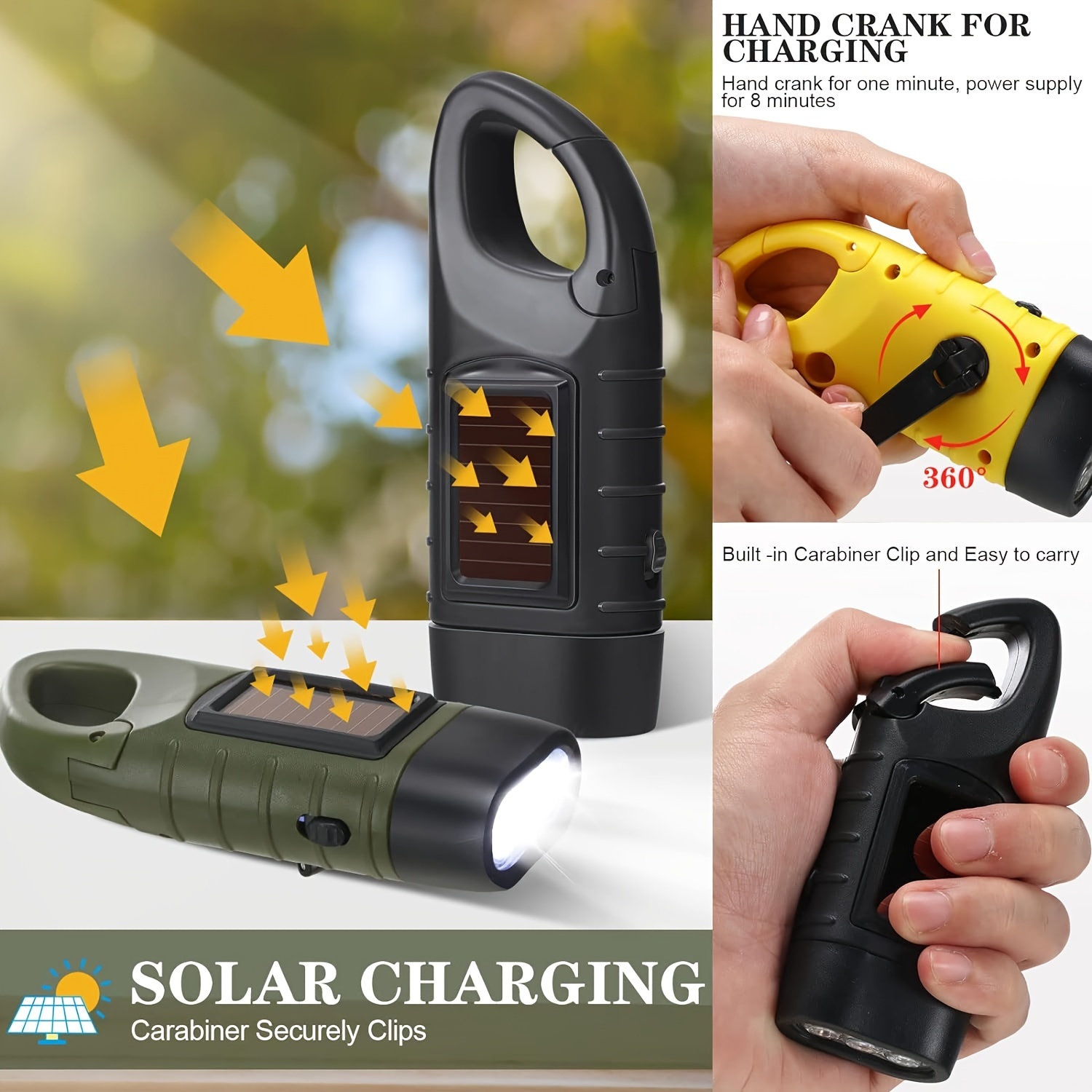 Simpeak 2-Pack Hand Crank Solar Powered Flashlight, Emergency Rechargeable  LED Flashlight, Survival Flashlight, Quick Snap