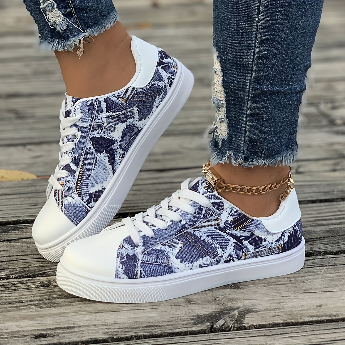 Women's Denim Print Canvas Shoes Casual Lace Outdoor Shoes - Temu