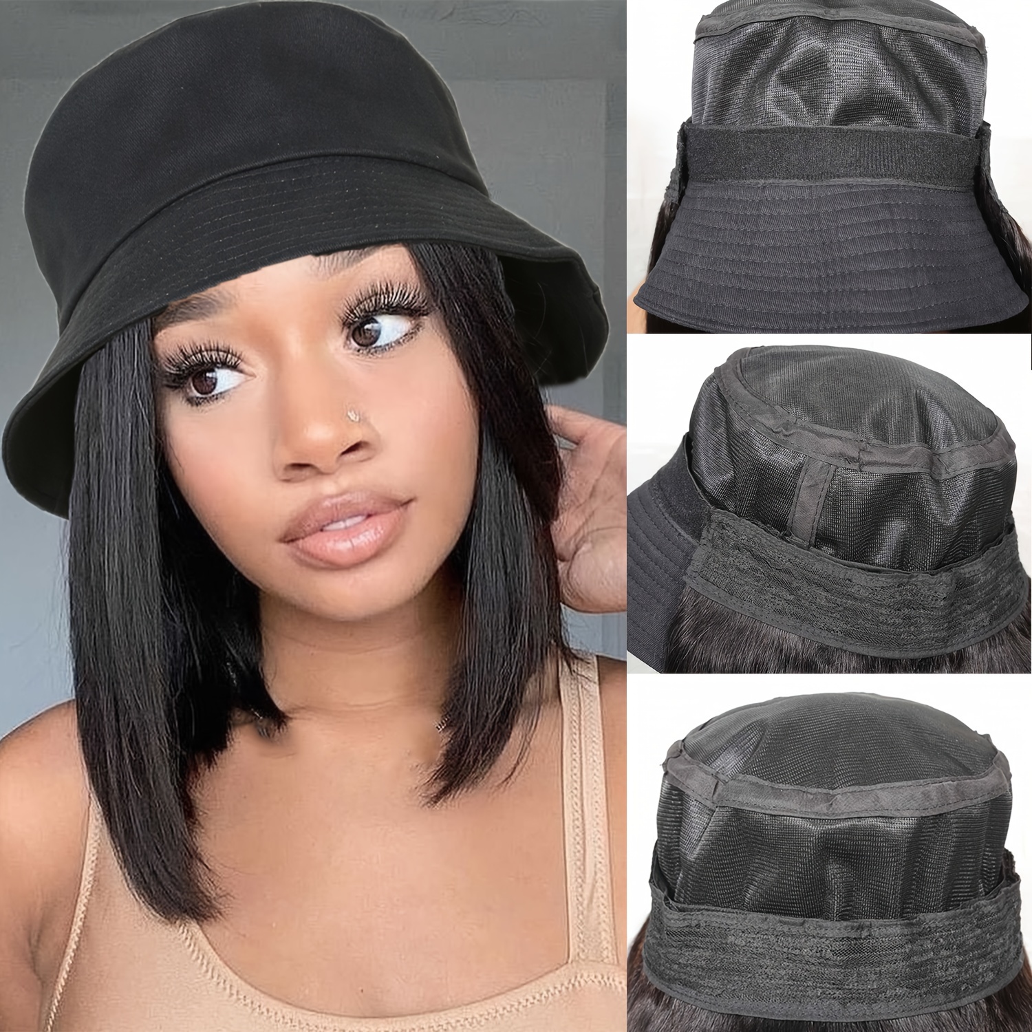 Short Straight Bob Hat Wig for Women Human Hair Bucket Hat Wig with Hair Extensions, Human Hair Extensions Attached for Women Girl Daily Wear