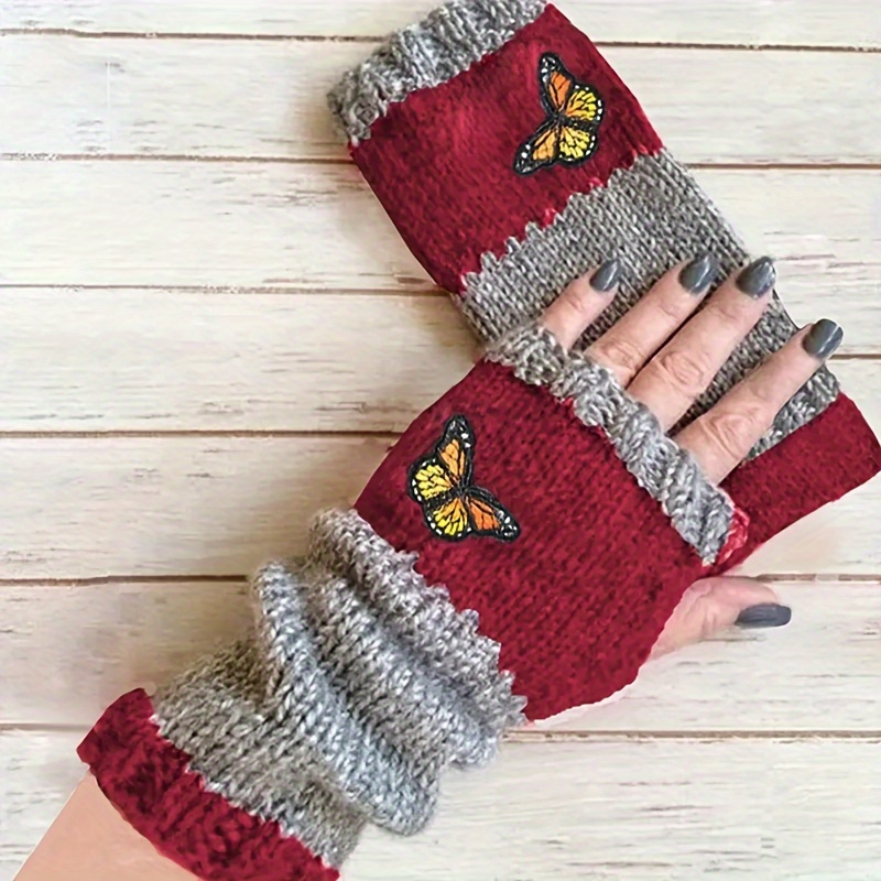 Butterfly Embroidered Knit Gloves Stylish Color Block Fingerless Gloves Autumn Winter Windproof Warm Writing Gloves details 9