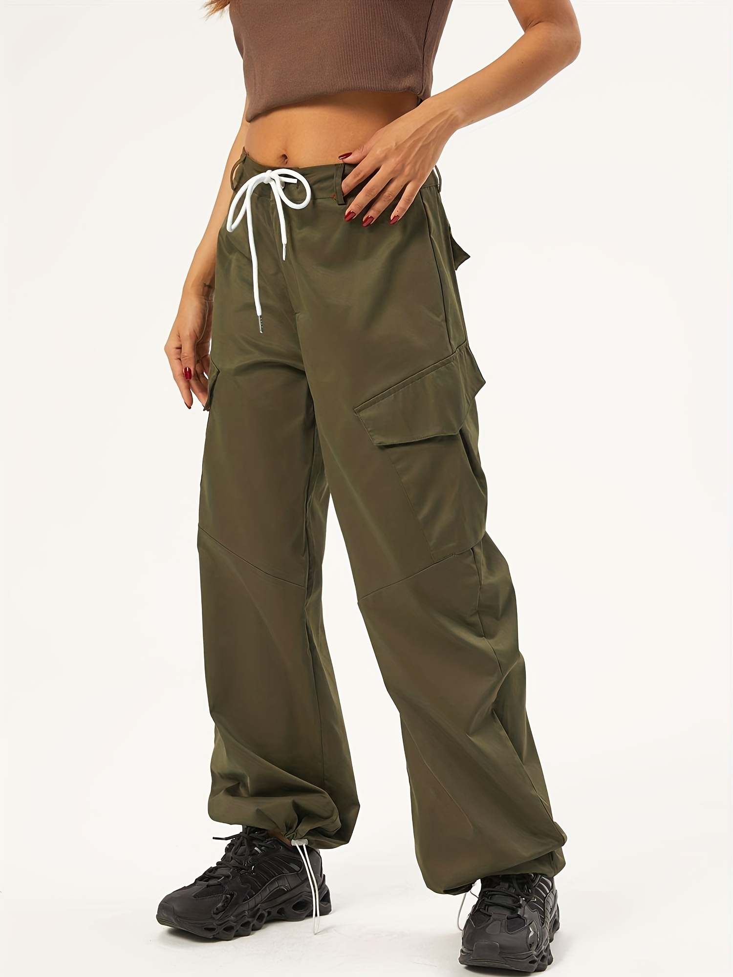 Y2k Flap Pockets Wide Leg Cargo Pants Casual Drawstring - Temu