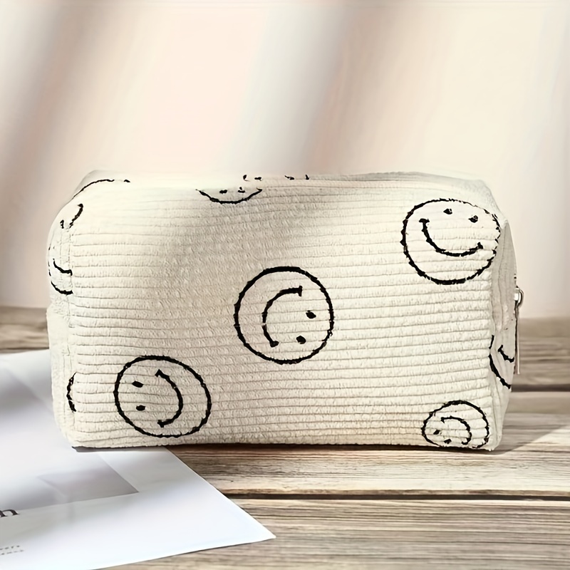 

Vintage Corduroy Cosmetic Bag, Cute Smile Face Makeup Bag, Travel Zippered Makeup Pouch For Purse, Makeup Organizer Aesthetic Stuff For Women