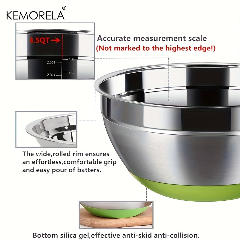 Stainless Steel Mixing, Bowls Silicone Handle and Non-Slip Bottoms Bowls