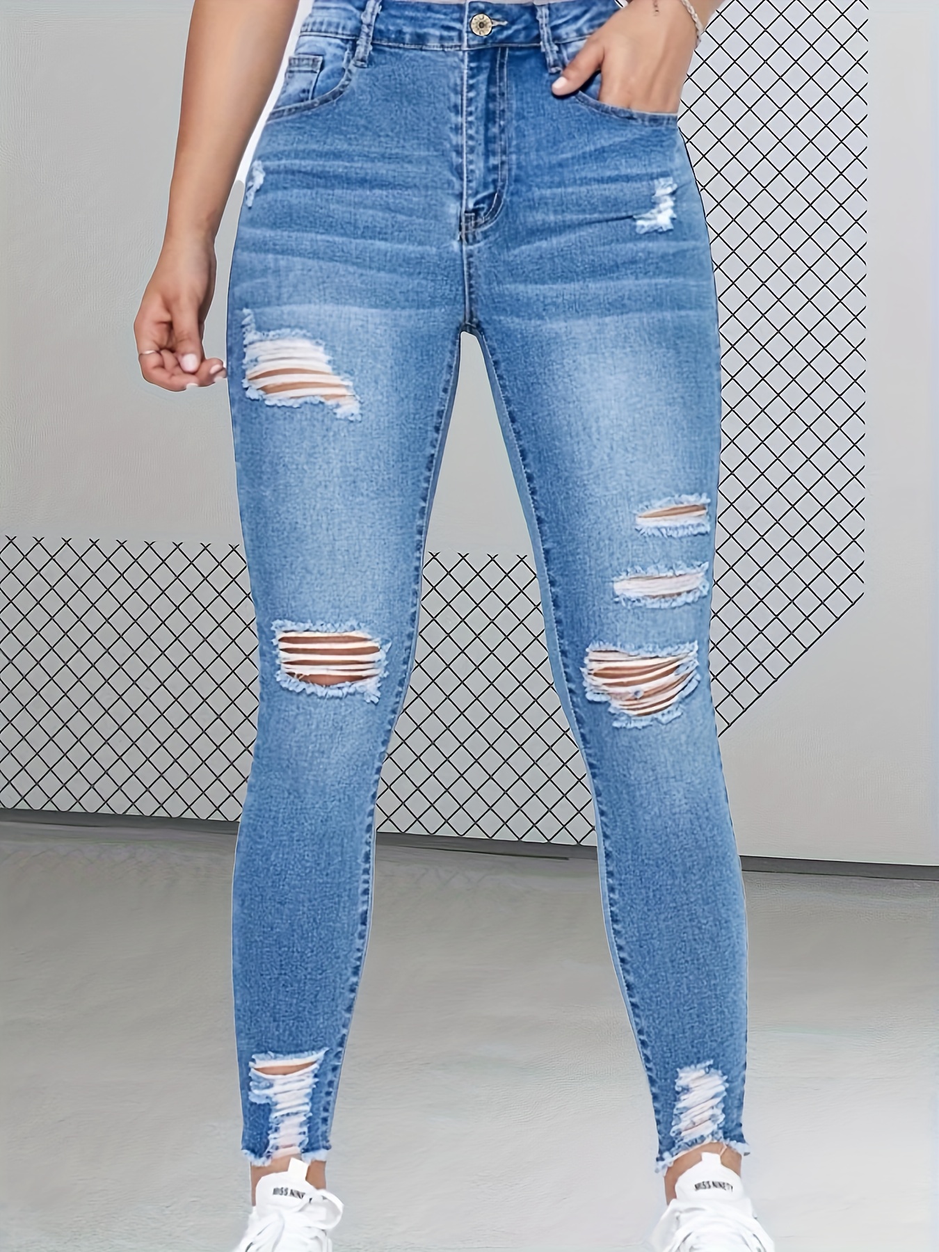 Jeans Rotos Para Mujer De Cintura Alta - Temu