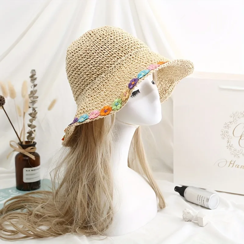 Women's Flower Decor Woven Straw Hat, Wide Brim Sunshade Versatile Beach Summer Bucket Hat, Breathable Fisherman Hat for Outdoor,Breathable, Quick