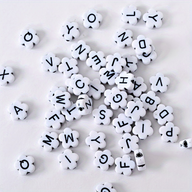 Letter N - 100pc 7mm Alphabet Beads White with Glossy Black Letters