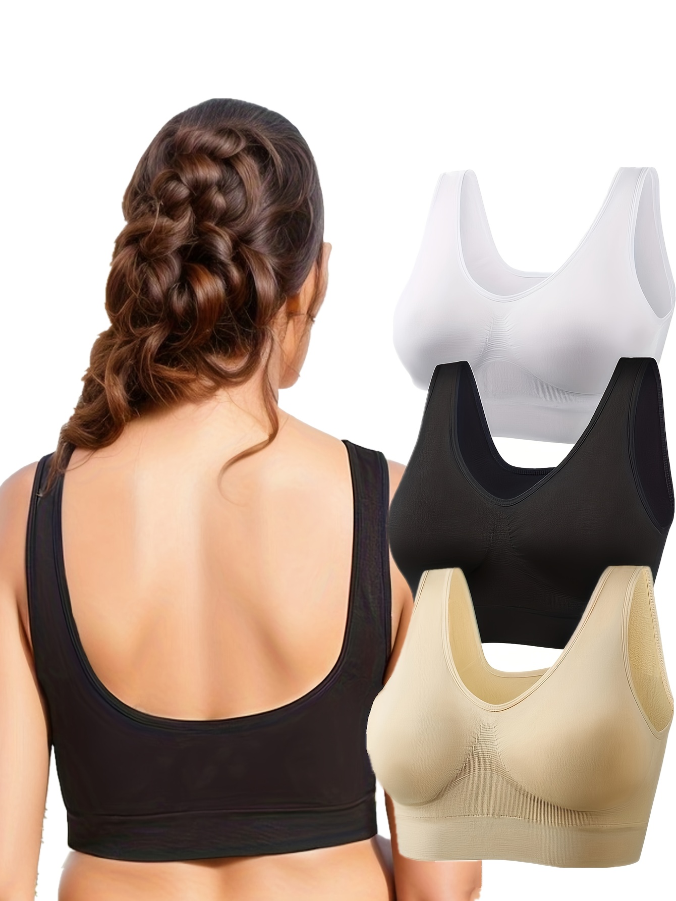 3 Pack Plus Size Sports Bra Set, Women's Plus Seamless Solid Non Padded  Wireless Fitness Yoga Bra 3pcs Set