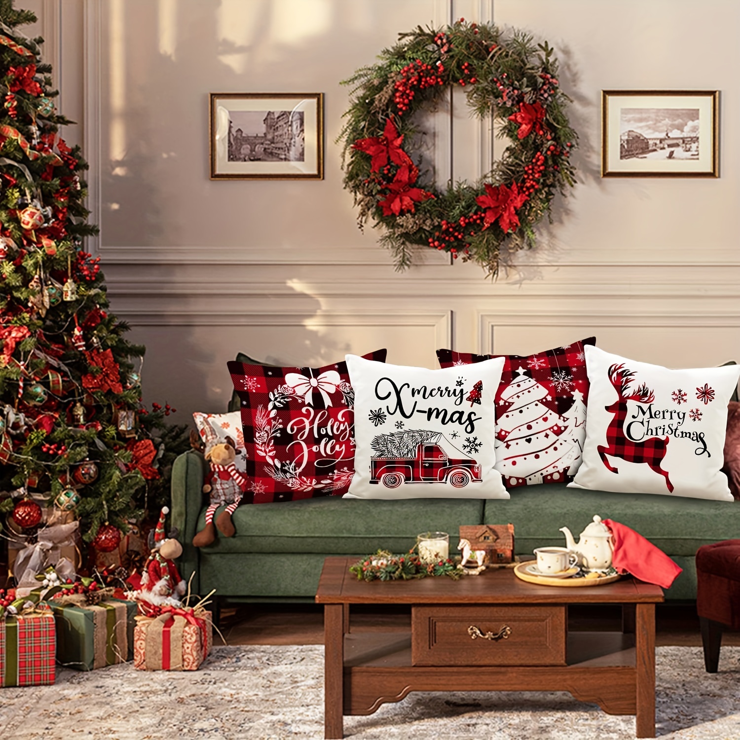 Christmas Decorative Pillows Case Plaid Cushion Covers Farmhouse