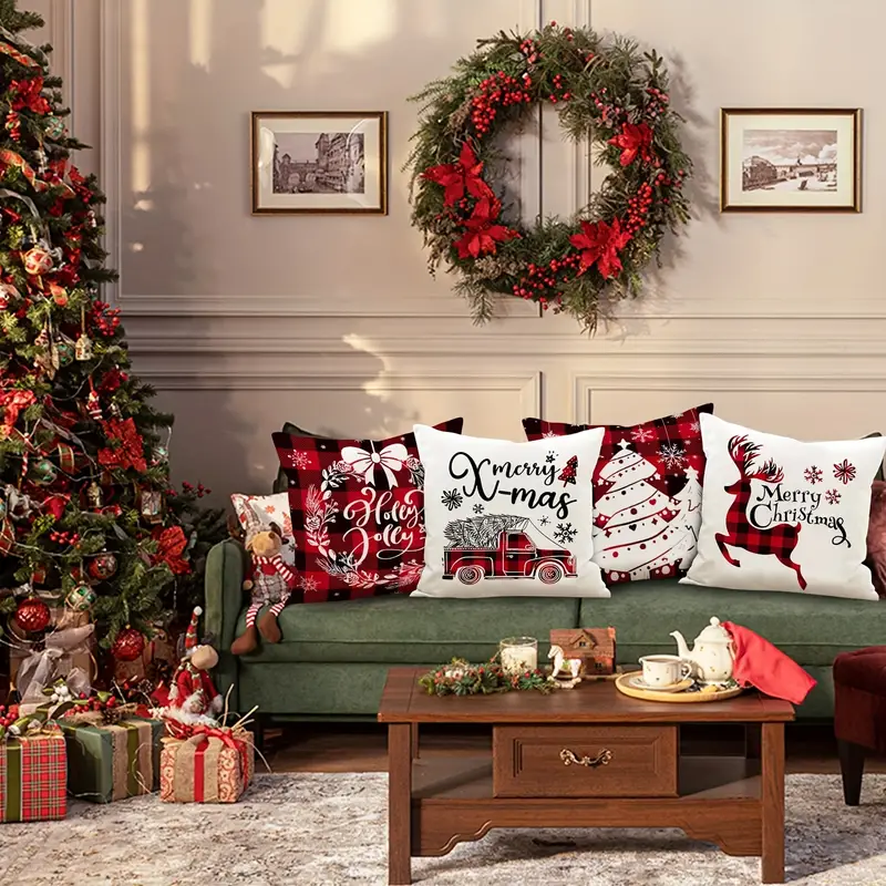 Christmas Pillow Covers 18x18 inch Set of 4 for Christmas Decorations Red  Buffalo Plaid Christmas Pillows Xmas Cushion Case Winter Holiday Merry Christmas  Throw Pillow Covers Farmhouse Decor for Couch 