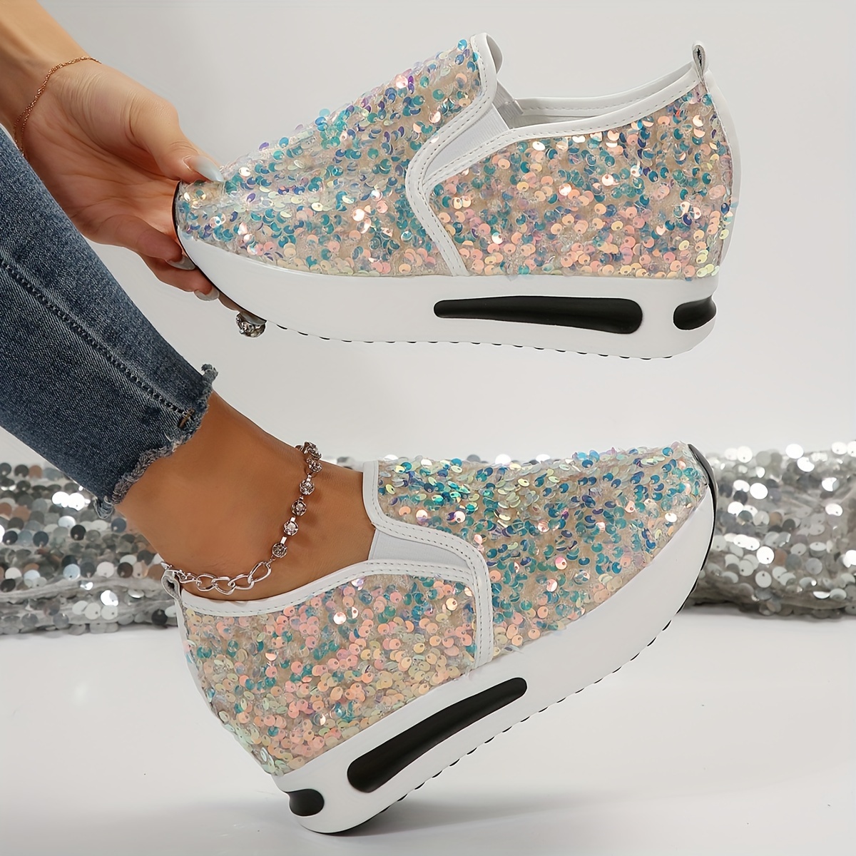 Women s Sequins Wedge Sneakers Fashion Low Top Slip Shoes Casual Height Increasing Trainers for Music Festival