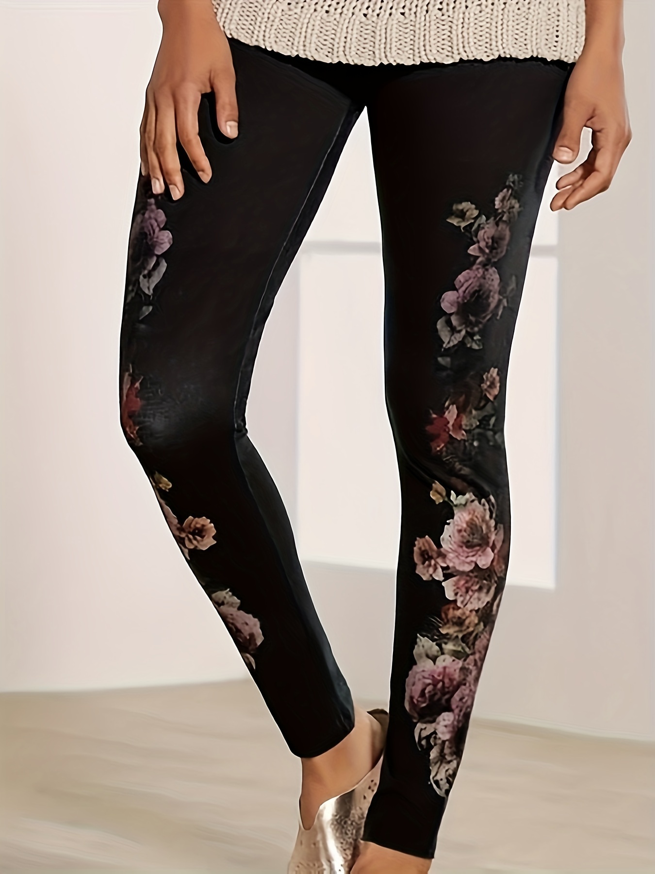 Plus Size Casual Leggings Women's Plus Floral Print High - Temu