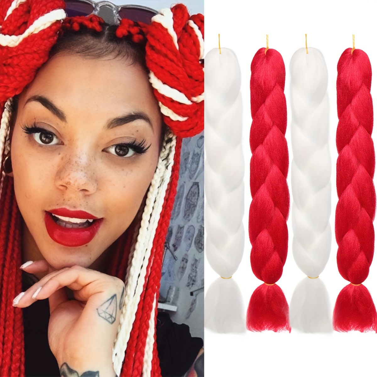 4Pcs 60.96 Cm Jumbo Braid Synthetic Braiding Hair Red Green Black White  Jumbo Hair Extension For Women DIY Braids Suitable For Christmas Party