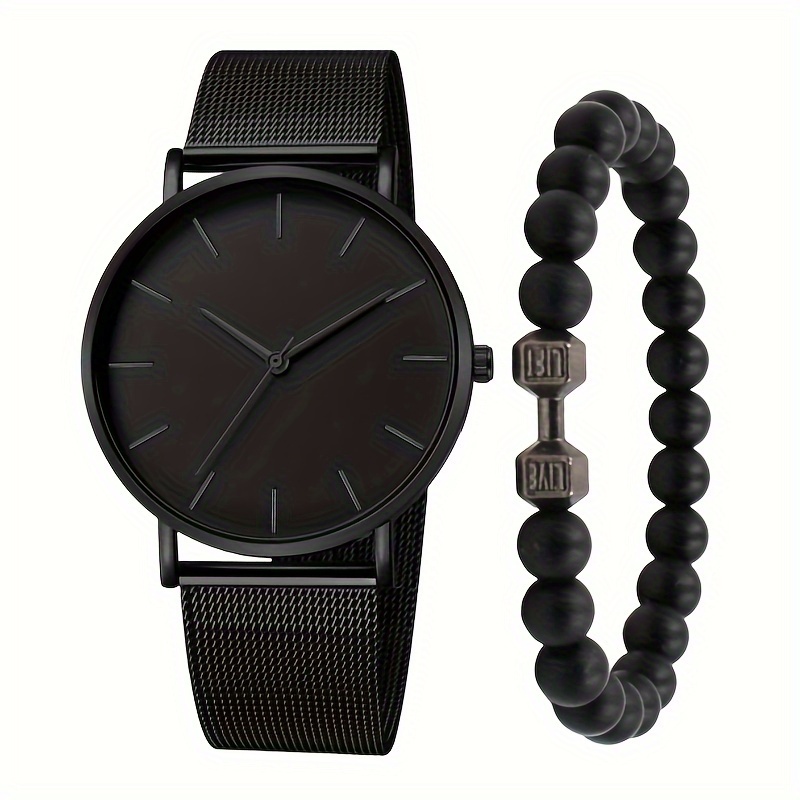 Fashion Black Men's Mesh Strap Quartz Watch Black Bracelets - Temu