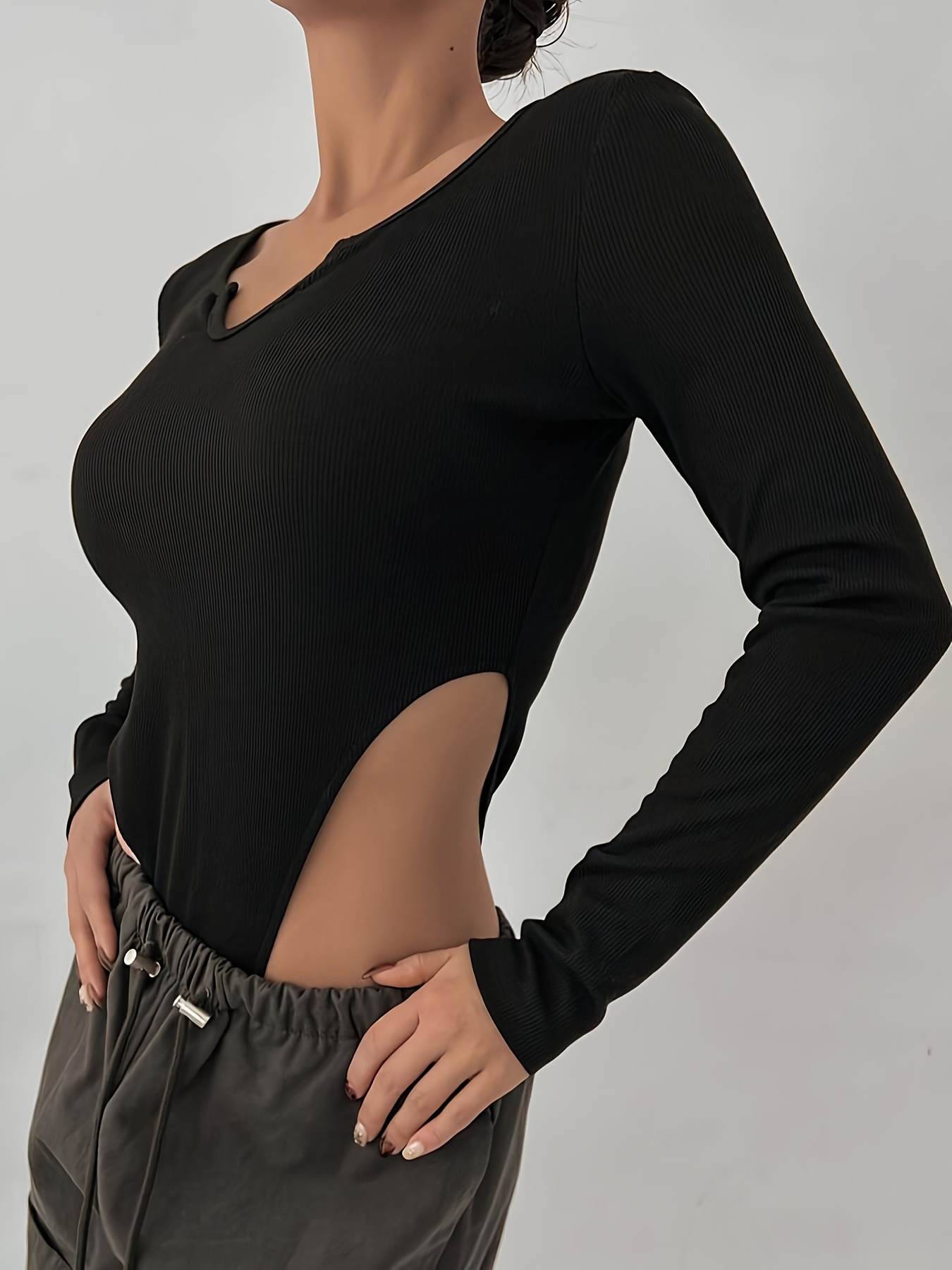  Body de manga larga para mujer, cuello en V profundo, control  de abdomen, camiseta (color: blanco, talla: L) : Ropa, Zapatos y Joyería