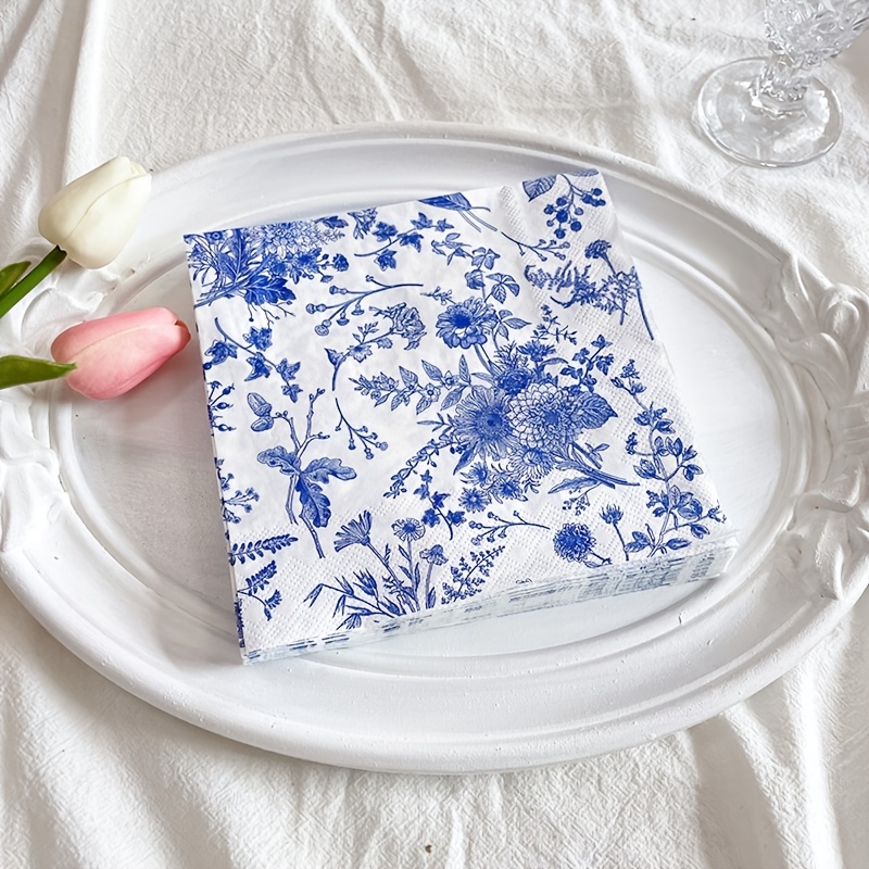 Disposable Blue And White Floral Paper Napkins Western Food - Temu
