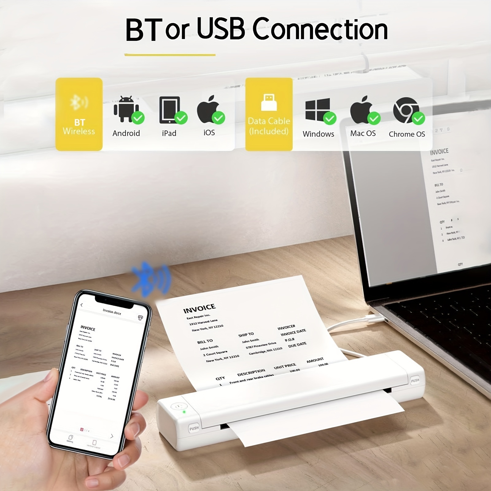COLORWING Imprimante Portable A4 - Imprimante Bluetooth Thermique Mini  Imprimante sans Encre Compatible avec Android et iOS et Ordinateur Prise en