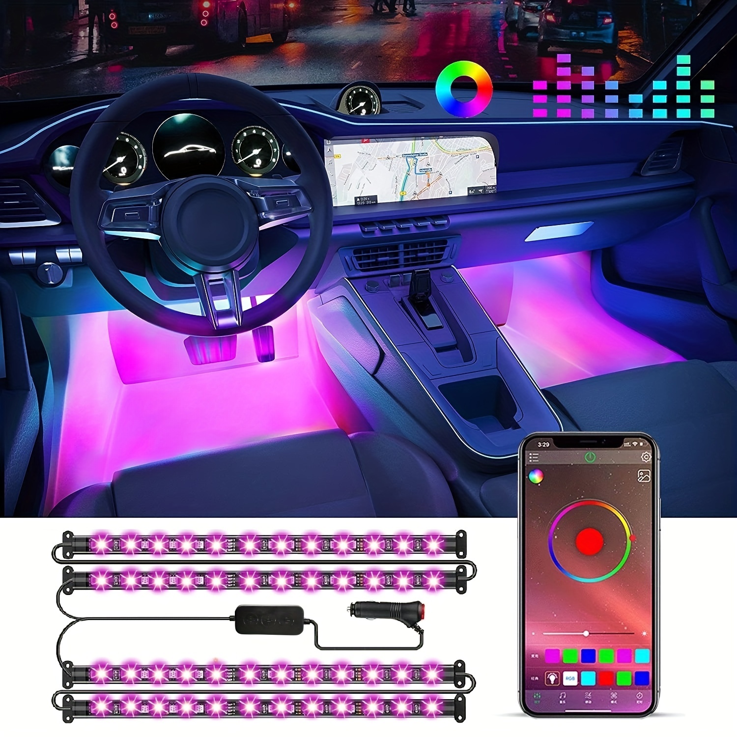 Tira de luces LED para coche, luces interiores RGB para coche, control de  aplicaciones, 16 millones de colores, 5 en 1 con fibra óptica de 236.22