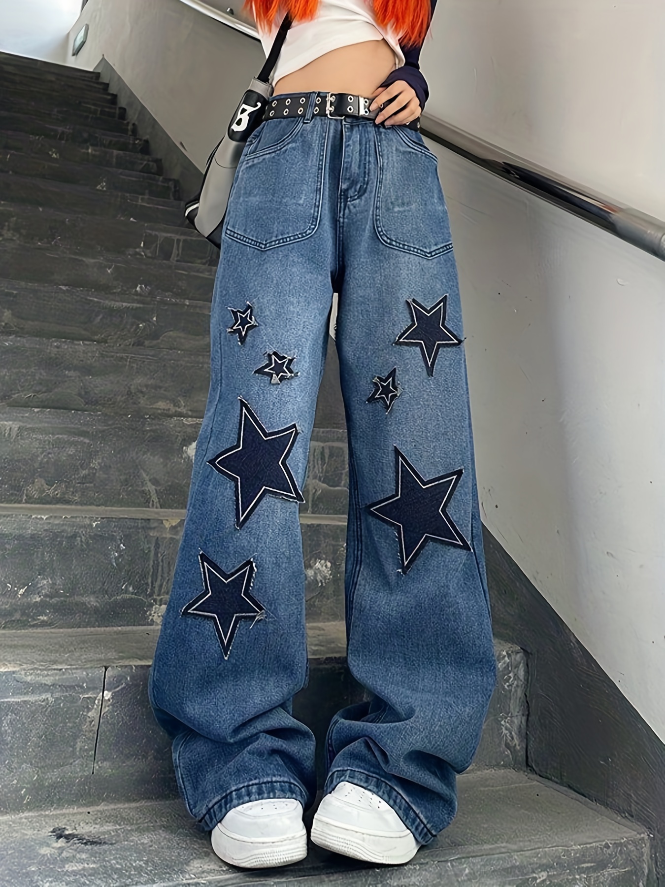 Jeans Sueltos Parche Estrella Pantalones Mezclilla Oscura - Temu