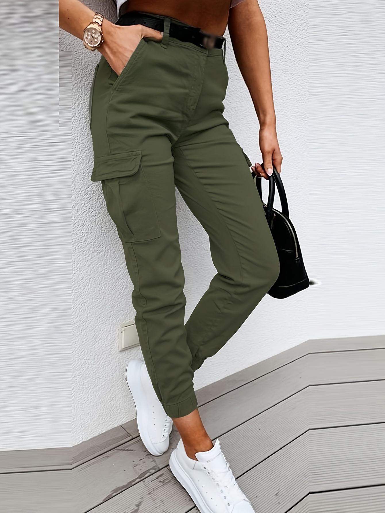 Solid Cargo Pants Casual Pants Pockets Women's Clothing - Temu