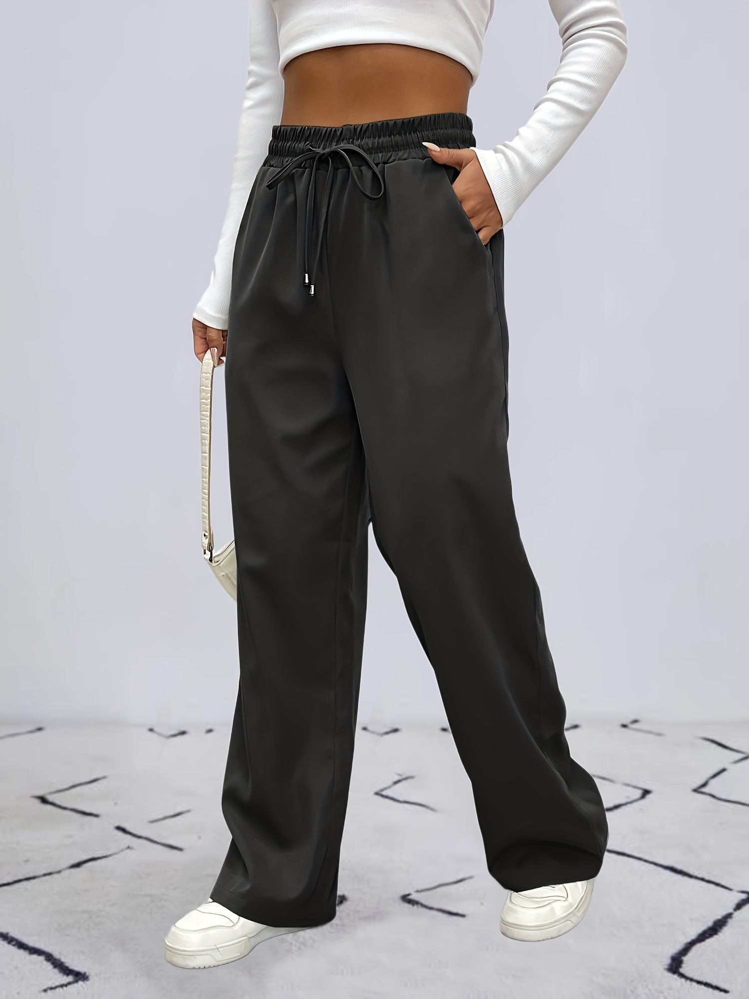 Drawstring Straight Leg Pants, Casual Solid Elastic Waist Pocket Fashion  Loose Pants, Women's Clothing