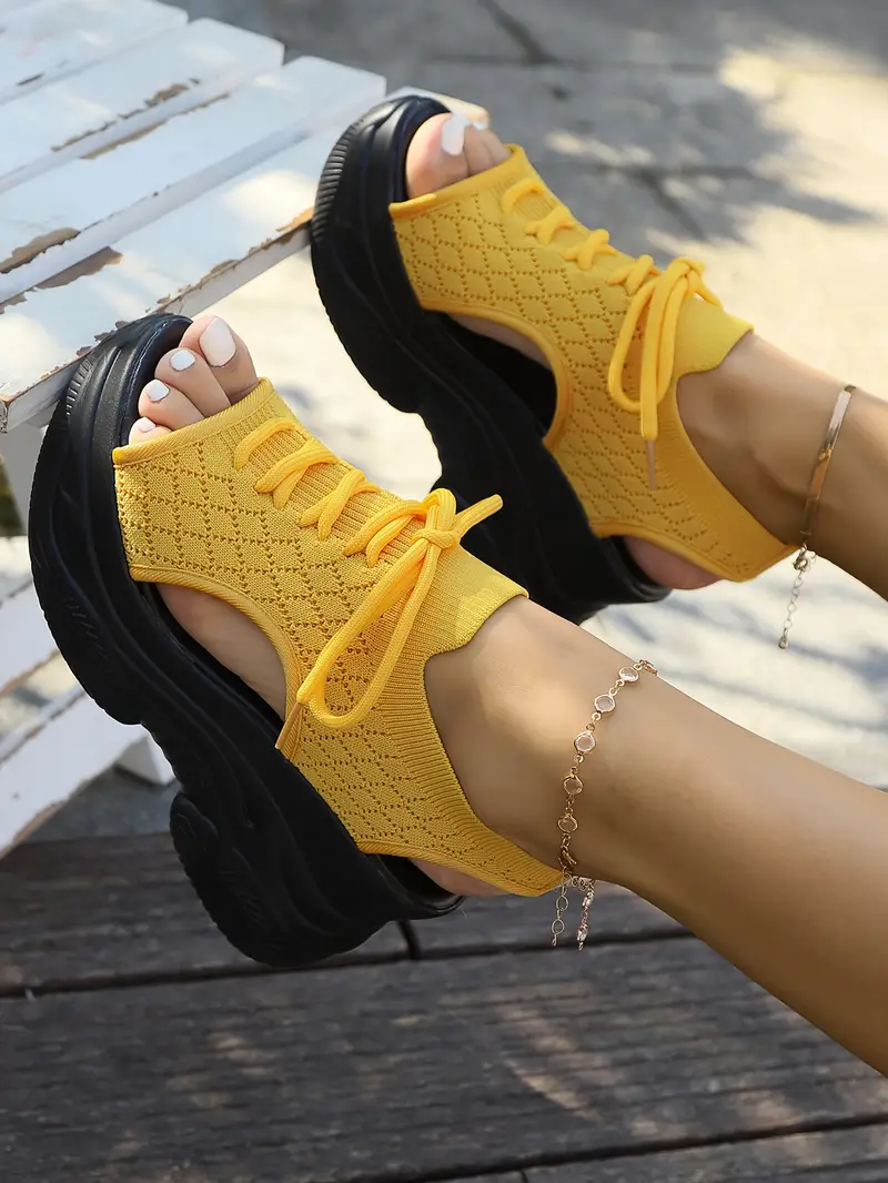 platform sandals women s solid color lace slingback knit detalles 4