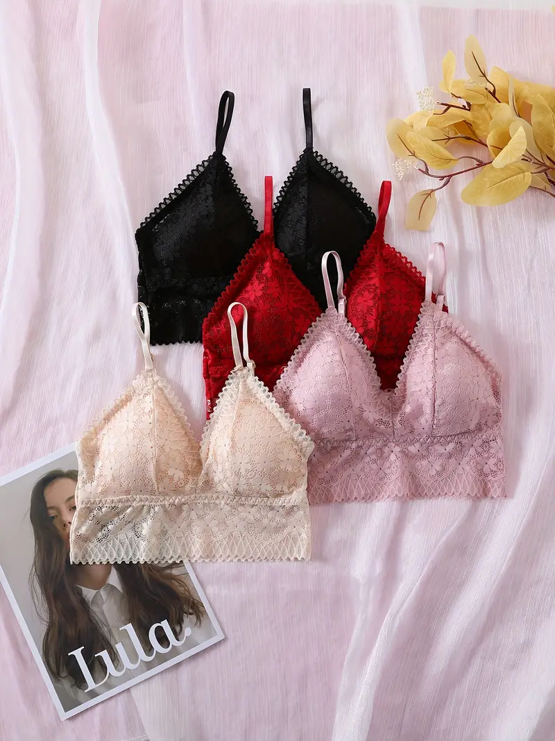 4 Pcs Lace Wireless Bra, Comfy & Breathable Solid Removable Padded Push Up  Bra, Women's Lingerie & Underwear