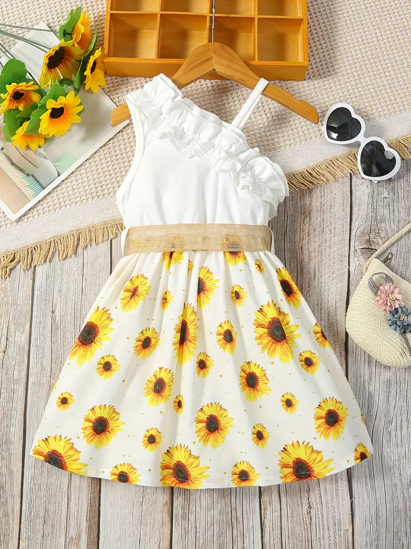 toddler girls asymmetrical neck ruffle trim one shoulder sunflower graphic belted princess dress for party beach vacation kids summer clothes details 27